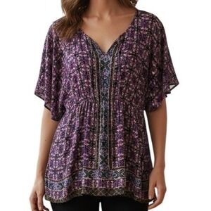 ANTHROPOLOGIE FEI Penthesilea‎ Purple Floral V Neck Kimono Sleeve Blouse XS